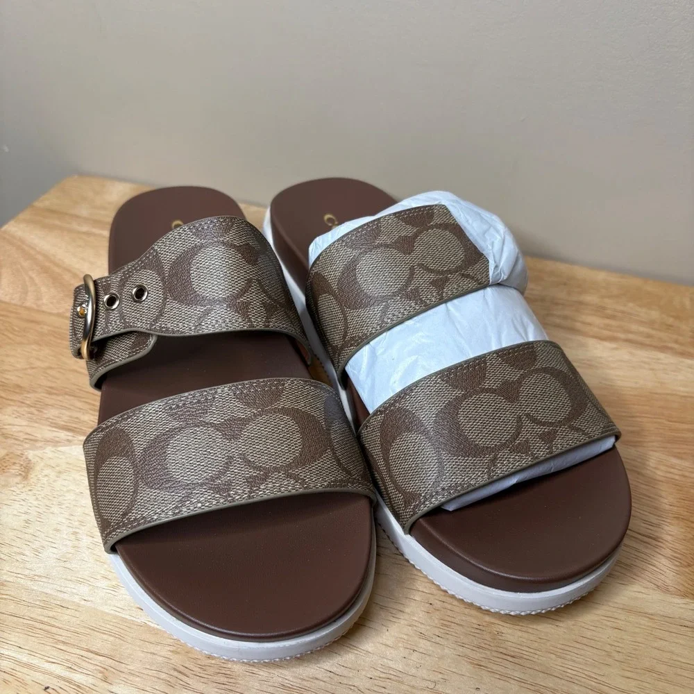 Coach Gwen Signature Sandal Sz 10 Platform Slides Khaki/ Saddle NWOB - Picture 3 of 8
